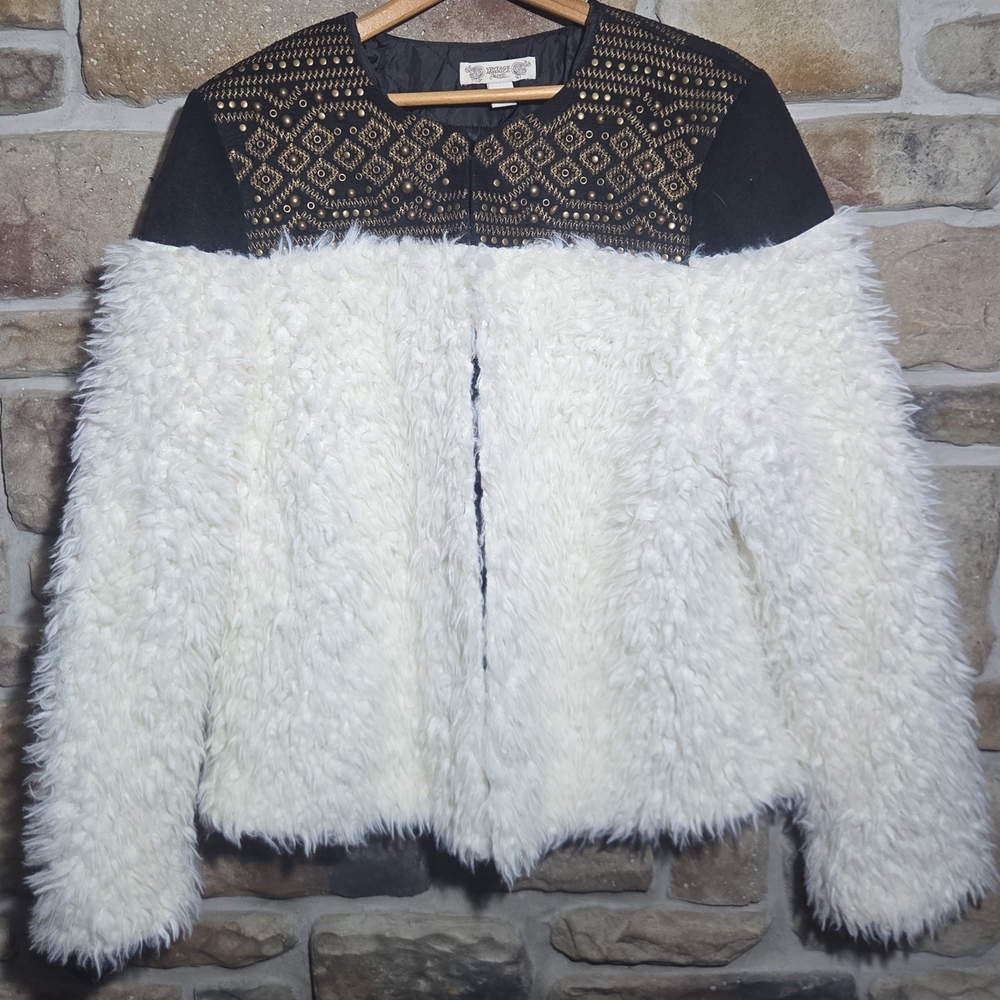 Women's Black and White Faux Fur Jacket - Picture 1 of 10